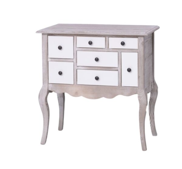 klassiek landelijk romantische houten ladekast/halmeubel. Het kastje heeft een Queen Ann poot en romantische bronzen knopjes. het heeft 7 lades in verschillende maten. Gemaakt van massief hout eiken. het ladekastje is gebroken wit en vergrijsd hout. Het kan op maat gemaakt worden. Villa Laura