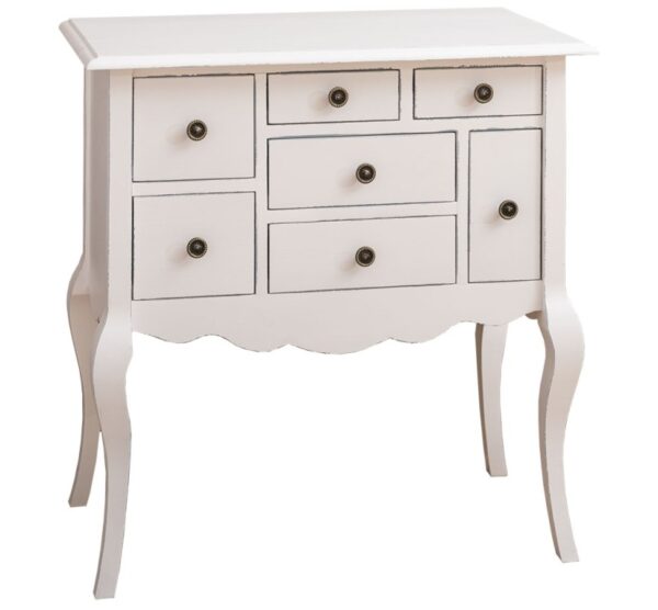 klassiek landelijk romantische houten ladekast/halmeubel. Het kastje heeft een Queen Ann poot en romantische bronzen knopjes. het heeft 7 lades in verschillende maten. Gemaakt van massief hout eiken. het ladekastje is gebroken wit / ral 9010 van kleur vintagelook. Het kan op maat gemaakt worden. Villa Laura