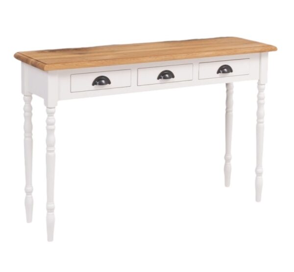 Landelijke sidetable met 3 lades en sierlijke bolpoten. Gemaakt van massief hout in de kleur wit, naturel, roomwit. De sidetable kan op verschillende manieren geverfd worden in verschillende kleuren en kan op maat gemaakt worden. Villa Laura