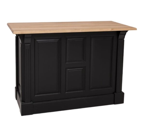 Landelijke bar/balie/toonbank met openmaken, deurtje en twee lades voor opbergruimte. Gemaakt van massief eiken hout in de kleur zwart met een naturel blad. Het meubel kan op verschillende manieren geverfd worden in verschillende kleuren en kan op maat gemaakt worden. Villa Laura