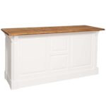 Landelijke bar/toonbank/balie met deuren, lades en open vakken voor opbergruimte. Gemaakt van massief eiken hout in de kleur wit en naturel licht eiken blad. Het meubel kan op verschillende manieren geverfd worden in verschillende kleuren en kan op maat gemaakt worden. Villa Laura