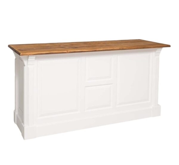 Landelijke bar/toonbank/balie met deuren, lades en open vakken voor opbergruimte. Gemaakt van massief eiken hout in de kleur wit en naturel licht eiken blad. Het meubel kan op verschillende manieren geverfd worden in verschillende kleuren en kan op maat gemaakt worden. Villa Laura