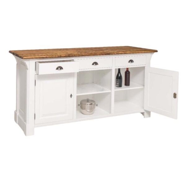 Landelijke bar/toonbank/balie met deuren, lades en open vakken voor opbergruimte. Gemaakt van massief eiken hout in de kleur wit en naturel licht eiken blad. Het meubel kan op verschillende manieren geverfd worden in verschillende kleuren en kan op maat gemaakt worden. Villa Laura