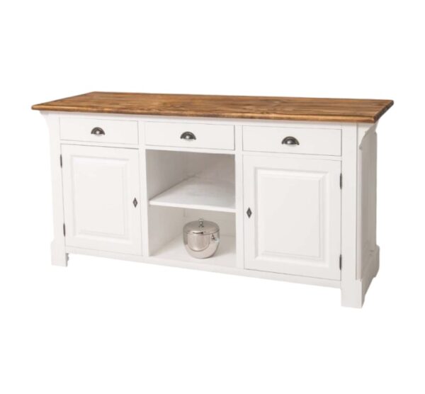 Landelijke bar/toonbank/balie met deuren, lades en open vakken voor opbergruimte. Gemaakt van massief eiken hout in de kleur wit en naturel licht eiken blad. Het meubel kan op verschillende manieren geverfd worden in verschillende kleuren en kan op maat gemaakt worden. Villa Laura