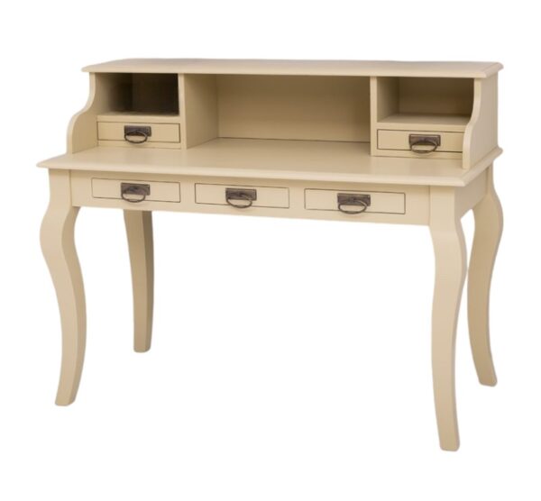 Landelijk bureau/kaptafel met open vakken en vijf lades. Gemaakt van massief eiken hout in de kleur zand, beige. Het meubel kan op verschillende manieren geverfd worden in verschillende kleuren en kan op maat gemaakt worden. Villa Laura