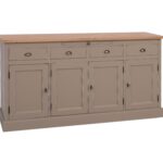 landelijk dressoir met lades, deuren uitschuifbare plank voor veel opbergruimte. Gemaakt van massief hout in de kleur grijs, taupe, groen met naturel blad. Het kan op maat gemaakt worden. Villa Laura