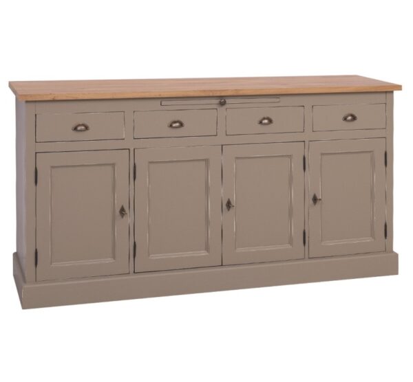 landelijk dressoir met lades, deuren uitschuifbare plank voor veel opbergruimte. Gemaakt van massief hout in de kleur grijs, taupe, groen met naturel blad. Het kan op maat gemaakt worden. Villa Laura