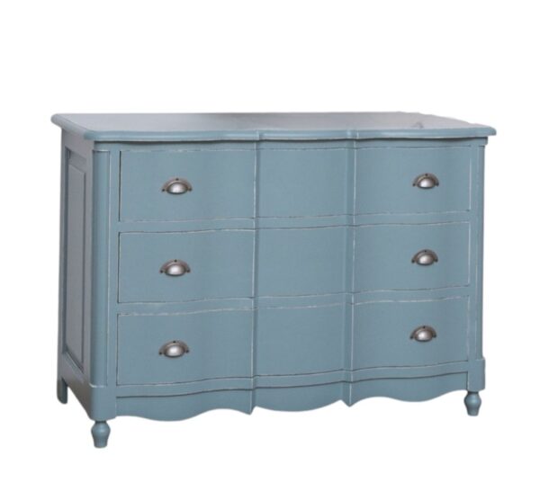 Brocante klassieke ladekastje met drie lange lades voor opbergruimte. Gemaakt van massief eiken hout in de kleur blauw vintagelook. Het meubel kan op verschillende manieren geverfd worden in verschillende kleuren en kan op maat gemaakt worden. Villa Laura