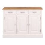 Landelijke, klassieke, extravagante dressoir met 3 kastjes en 3 lades voor opbergruimte. Gemaakt van massief hout eiken in de kleur gebroken wit met licht eiken blad. De kast kan op verschillende manieren geverfd worden in verschillende kleuren en kan op maat gemaakt worden. Villa Laura