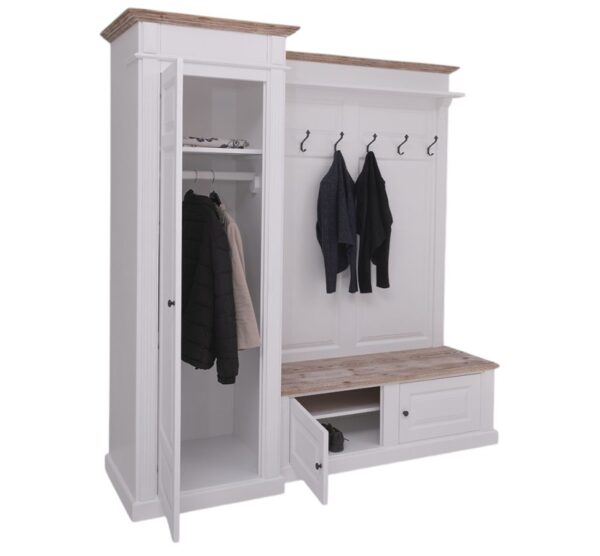 Mooie eiken brede halmeubel in een landelijke moderne stijl. Het halmeubel heeft rechts 6 haken waar jassen aan opgehangen kunnen worden met daarboven nog een smalle plank. Onder de rechterkant met de haken zit onderaan een bankje met twee kleine deurtjes voor opbergruimte. Aan de linkerkant zit een lange kast met één grote deur voor opbergruimte. Gemaakt van massief eiken hout in de kleur wit. De bovenste kant en de plank van het bankje zijn in de kleur whitewash. Het halmeubel kan op verschillende manieren geverfd worden in verschillende kleuren en kan op maat gemaakt worden. Villa Laura
