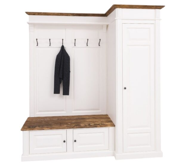 Mooie eiken brede halmeubel in een landelijke moderne stijl. Het halmeubel heeft links 6 haken waar jassen aan opgehangen kunnen worden met daarboven nog een smalle plank. Onder de linkerkant met de haken zit onderaan een bankje met twee kleine deurtjes voor opbergruimte. Aan de rechterkant zit een lange kast met één grote deur voor opbergruimte. Gemaakt van massief eiken hout in de kleur wit. De bovenste kant en de plank van het bankje zijn in de kleur whitewash. Het halmeubel kan op verschillende manieren geverfd worden in verschillende kleuren en kan op maat gemaakt worden. Villa Laura