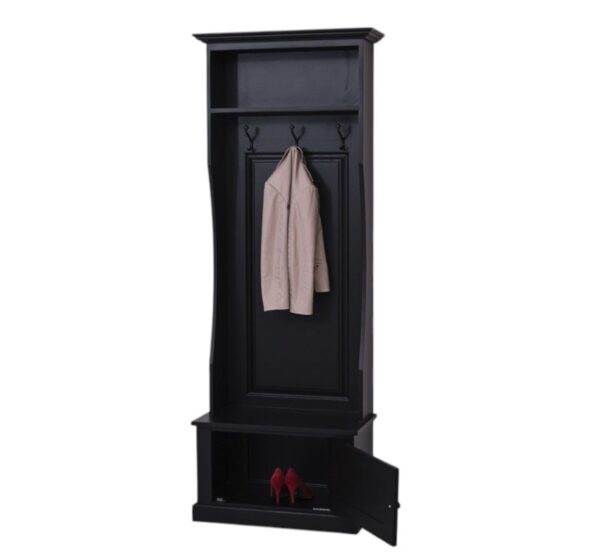 Landelijk halmeubel/kapstok met bankje met 3 haken, 1 plank en een kastje. Gemaakt van massief eiken hout in de kleur zwart. De halmeubel kan op verschillende manieren geverfd worden in verschillende kleuren en kan op maat gemaakt worden. Villa Laura