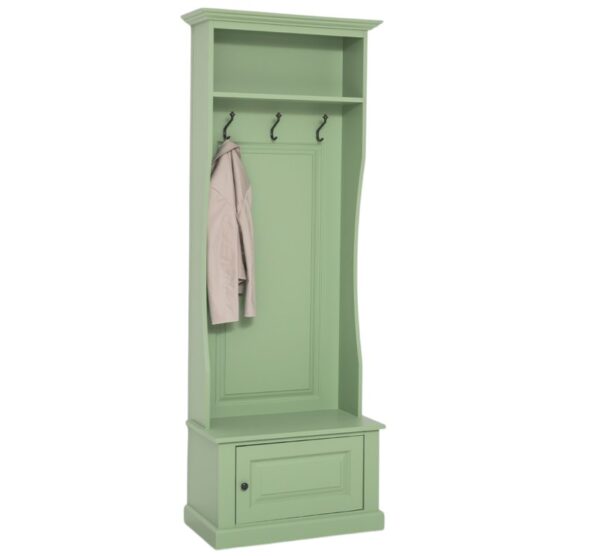 Landelijk halmeubel/kapstok met bankje met 3 haken, 1 plank en een kastje. Gemaakt van massief eiken hout in de kleur mint, licht groen. De halmeubel kan op verschillende manieren geverfd worden in verschillende kleuren en kan op maat gemaakt worden. Villa Laura