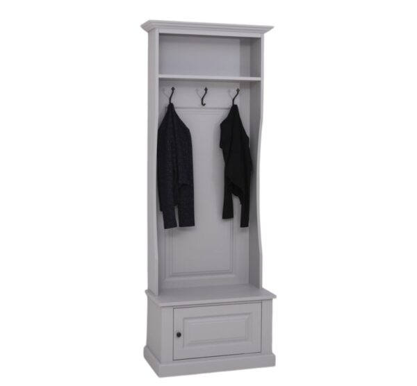 Landelijk halmeubel/kapstok met bankje met 3 haken, 1 plank en een kastje. Gemaakt van massief eiken hout in de kleur grijs. De halmeubel kan op verschillende manieren geverfd worden in verschillende kleuren en kan op maat gemaakt worden. Villa Laura