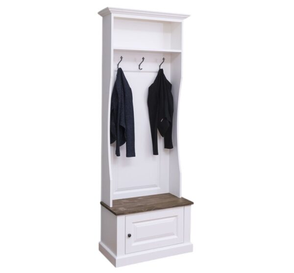 Landelijk halmeubel/kapstok met bankje met 3 haken, 1 plank en een kastje. Gemaakt van massief eiken hout in de kleur wit. De halmeubel kan op verschillende manieren geverfd worden in verschillende kleuren en kan op maat gemaakt worden. Villa Laura