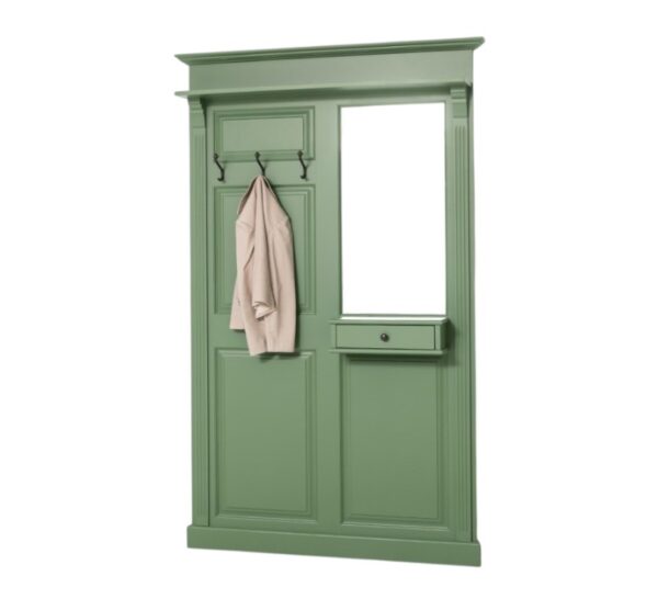 Landelijke hal meubel met 3 haken met daarboven een plank en onder 1 lade. Aan de rechterkant zit een open vak voor bijvoorbeeld een spiegel. Gemaakt van massief eiken hout in de kleur groen. Het hal meubel kan op verschillende manieren geverfd worden in verschillende kleuren en kan op maat gemaakt worden. Villa Laura