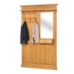 Landelijke hal meubel met 3 haken met daarboven een plank en onder 1 lade. Aan de rechterkant zit een open vak voor bijvoorbeeld een spiegel. Gemaakt van massief eiken hout in de kleur naturel. Het hal meubel kan op verschillende manieren geverfd worden in verschillende kleuren en kan op maat gemaakt worden. Villa Laura