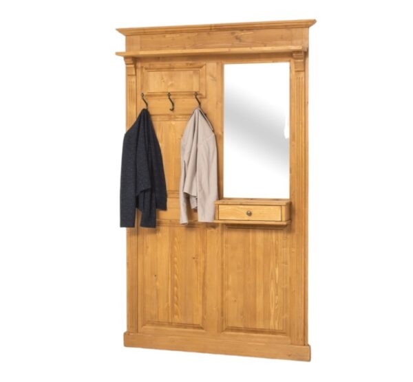 Landelijke hal meubel met 3 haken met daarboven een plank en onder 1 lade. Aan de rechterkant zit een open vak voor bijvoorbeeld een spiegel. Gemaakt van massief eiken hout in de kleur naturel. Het hal meubel kan op verschillende manieren geverfd worden in verschillende kleuren en kan op maat gemaakt worden. Villa Laura
