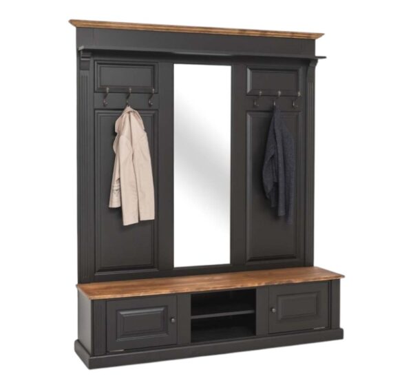 Mooie eiken brede halmeubel in een landelijke moderne stijl. Het halmeubel heeft 6 haken waar jassen aan opgehangen kunnen worden, aan beide kanten 3 haken. In het middel zit een gat waardoor er een mooie symmetrie is te zien in het meubel en deze verlengd wordt. Bovenaan de kast zit nog een smal plankje waar spullen opgezet kunnen worden. Onderaan zit een ruim bankje met aan beide buitenkanten een kastje en in het midden twee plankjes voor spullen. Gemaakt van massief eiken hout in de kleur zwart en warm bruin eiken. Het halmeubel kan op verschillende manieren geverfd worden in verschillende kleuren en kan op maat gemaakt worden. Villa Laura