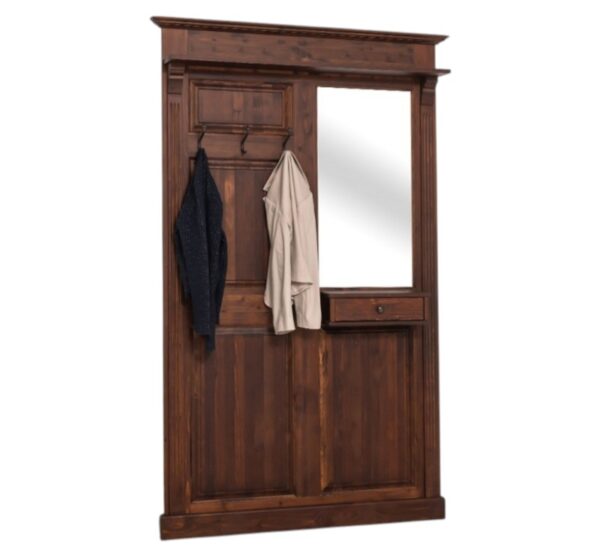 Landelijke hal meubel met 3 haken met daarboven een plank en onder 1 lade. Aan de rechterkant zit een open vak voor bijvoorbeeld een spiegel. Gemaakt van massief eiken hout in de kleur walnoot, wenge, warm bruin eiken. Het hal meubel kan op verschillende manieren geverfd worden in verschillende kleuren en kan op maat gemaakt worden. Villa Laura
