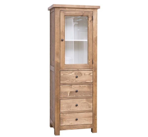 Landelijk smalle buffetkast met vier lades en een deur met glas. Gemaakt van massief eiken hout in de kleur houtlook en witte binnenkant. Het meubel kan op verschillende manieren geverfd worden in verschillende kleuren en kan op maat gemaakt worden. Villa Laura