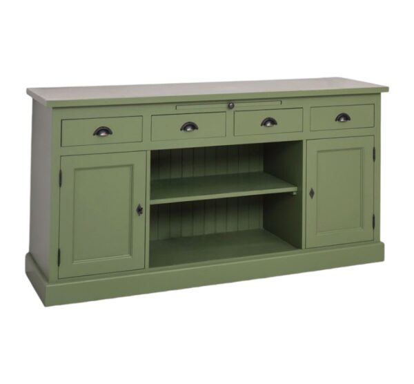 landelijk klassiek dressoir met 3 deuren en lades voor veel opbergruimte. Gemaakt van massief hout eiken in de kleur groen, mosgroen. Het kan op maat gemaakt worden. Villa Laura