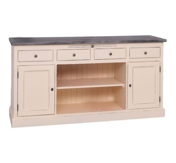 landelijk klassiek dressoir met 3 deuren en lades voor veel opbergruimte. Gemaakt van massief hout eiken in de kleur vanille, roomwit en zwarte blad. Het kan op maat gemaakt worden. Villa Laura
