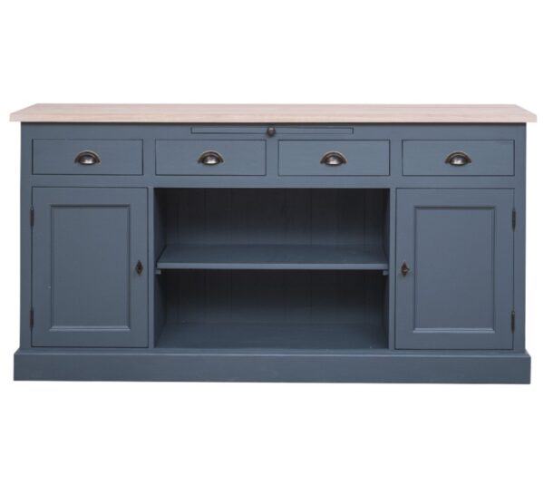 landelijk klassiek dressoir met 3 deuren en lades voor veel opbergruimte. Gemaakt van massief hout eiken in de kleur blauw en white wash blad. Het kan op maat gemaakt worden. Villa Laura