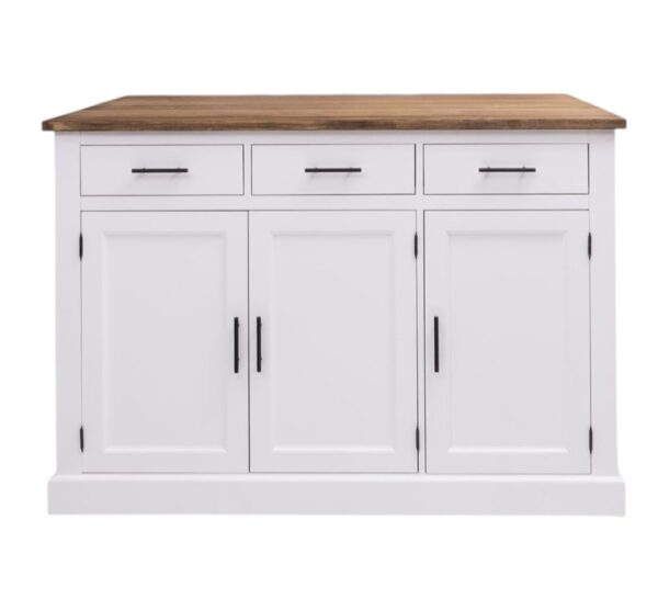 Landelijk kookeiland/keukenblok met bartafel. Gemaakt van massief eiken hout in de kleur wit. Het meubel kan op verschillende manieren geverfd worden in verschillende kleuren en kan op maat gemaakt worden. Villa Laura