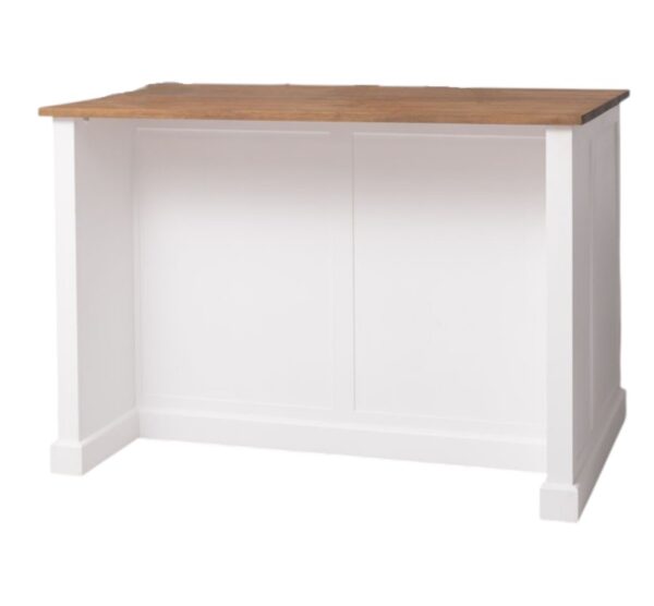 Landelijk kookeiland/keukenblok met bartafel. Gemaakt van massief eiken hout in de kleur wit. Het meubel kan op verschillende manieren geverfd worden in verschillende kleuren en kan op maat gemaakt worden. Villa Laura