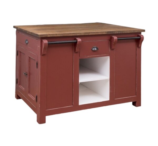 landelijke houten kookeiland/keukenblok met veel opbergruimte, openvakken, lades ophang mogelijkheden. de afmeting is 135x85x90 cm. Gemaakt van massief hout in de kleur bordeaux rood en warm eiken blad. Het kan op maat gemaakt worden. Villa Laura