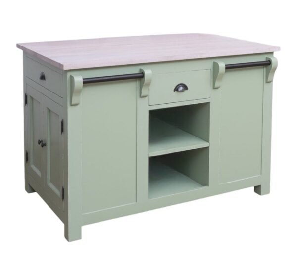 landelijke houten kookeiland/keukenblok met veel opbergruimte, openvakken, lades ophang mogelijkheden. de afmeting is 135x85x90 cm. Gemaakt van massief hout in de kleur mint, licht groen met licht eiken blad. Het kan op maat gemaakt worden. Villa Laura