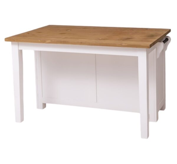 Landelijk kookeiland, balie, toonbank met bartafel en vitrinekastje. Gemaakt van massief eiken hout in de kleur wit met naturel. Het meubel kan op verschillende manieren geverfd worden in verschillende kleuren en kan op maat gemaakt worden. Villa Laura