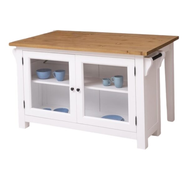 Landelijk kookeiland, balie, toonbank met bartafel en vitrinekastje. Gemaakt van massief eiken hout in de kleur twit met naturel. Het meubel kan op verschillende manieren geverfd worden in verschillende kleuren en kan op maat gemaakt worden. Villa Laura