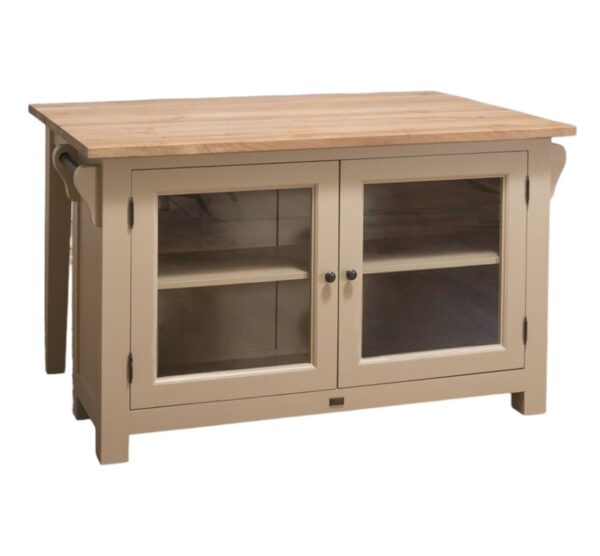Landelijk kookeiland met bartafel en vitrinekastje. Gemaakt van massief eiken hout in de kleur zand, beige, taupe en naturel. Het meubel kan op verschillende manieren geverfd worden in verschillende kleuren en kan op maat gemaakt worden. Villa Laura