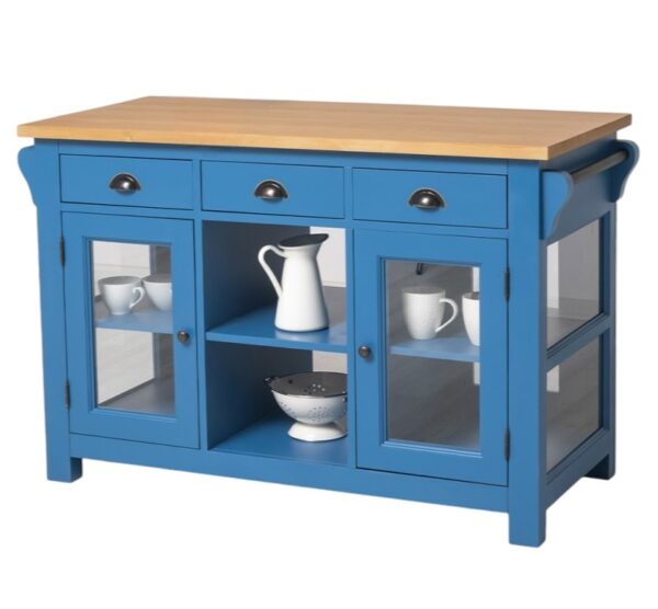 Landelijk houten kookeiland/keukenblok met deuren, lades en open vakken. Gemaakt van massief eiken hout in de kleur koningsblauw, blauw. Het meubel kan op verschillende manieren geverfd worden in verschillende kleuren en kan op maat gemaakt worden. Villa Laura