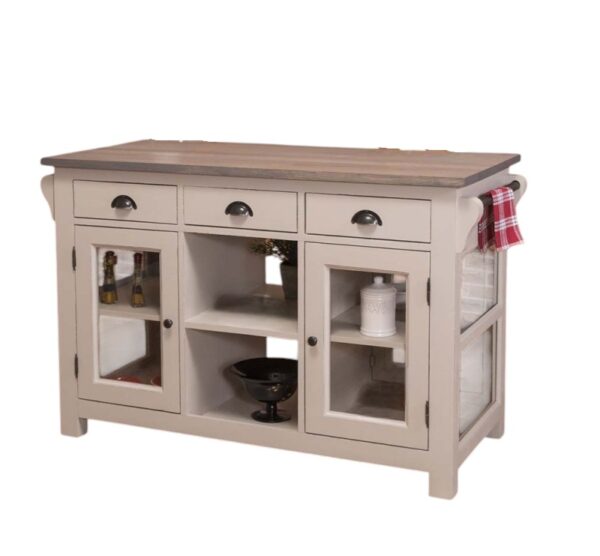 Landelijk houten kookeiland/keukenblok met deuren, lades en open vakken. Gemaakt van massief eiken hout in de kleur zand, beige, taupe. Het meubel kan op verschillende manieren geverfd worden in verschillende kleuren en kan op maat gemaakt worden. Villa Laura