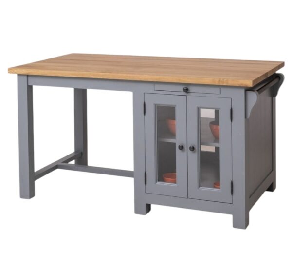 Landelijke bartafel/kookeiland/keukenblok met glazen deurtjes en uitschuifbare plank voor opbergruimte. Gemaakt van massief eiken hout in de kleur licht blauw, grijs met een naturel blad. Het meubel kan op verschillende manieren geverfd worden in verschillende kleuren en kan op maat gemaakt worden. Villa Laura