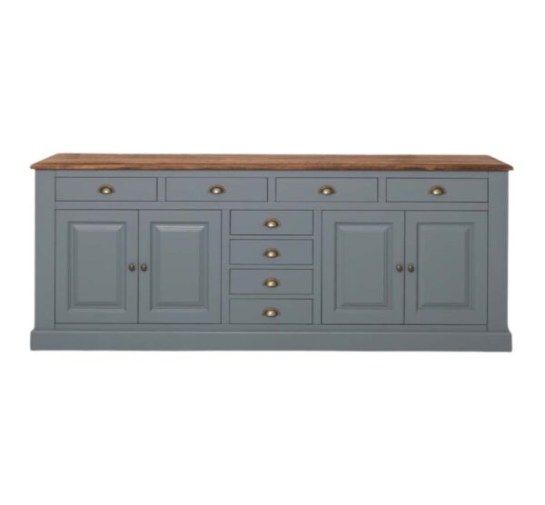 Landelijke dressoir met 8 lades en 4 deuren. gemaakt van massief hout in de kleur blauw grijs antraciet met een naturel eiken blad. kan op maat gemaakt worden. Villa Laura