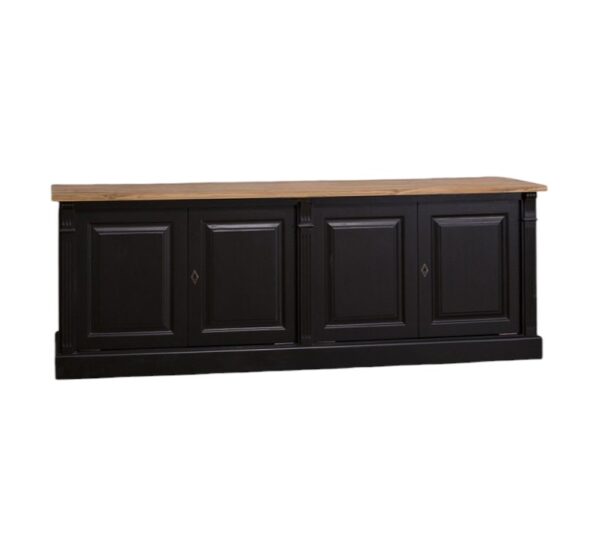 Landelijke dressoir met vier deuren voor opbergruimte. Gemaakt van massief eiken hout in de kleur zwart en licht eiken blad. Het meubel kan op verschillende manieren geverfd worden in verschillende kleuren en kan op maat gemaakt worden. Villa Laura