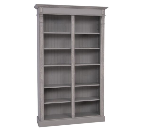 Landelijke boekenkast met twaalf open vakken en twee uitschuifbare planken. Gemaakt van massief eiken hout in de kleur grijs vintagelook. Het meubel kan op verschillende manieren geverfd worden in verschillende kleuren en kan op maat gemaakt worden. Villa Laura