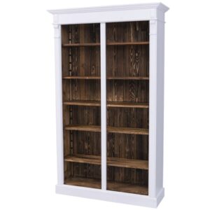 Landelijke boekenkast met twaalf open vakken en twee uitschuifbare planken. Gemaakt van massief eiken hout in de kleur wit met rustiek bruine binnenkant. Het meubel kan op verschillende manieren geverfd worden in verschillende kleuren en kan op maat gemaakt worden. Villa Laura