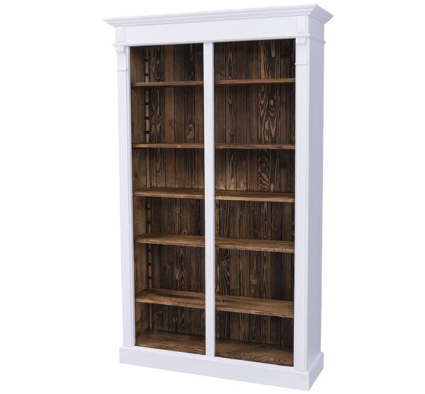 Landelijke boekenkast met twaalf open vakken en twee uitschuifbare planken. Gemaakt van massief eiken hout in de kleur wit met rustiek bruine binnenkant. Het meubel kan op verschillende manieren geverfd worden in verschillende kleuren en kan op maat gemaakt worden. Villa Laura