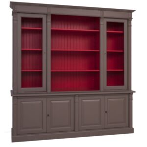 Landelijk klassieke bibliotheekkast met lades en deuren. de planken in de kast zijn verstelbaar. Gemaakt van massief hout eiken in de kleur donker chocolade bruin en binnenkant rood. Het kan op maat gemaakt worden. Villa Laura
