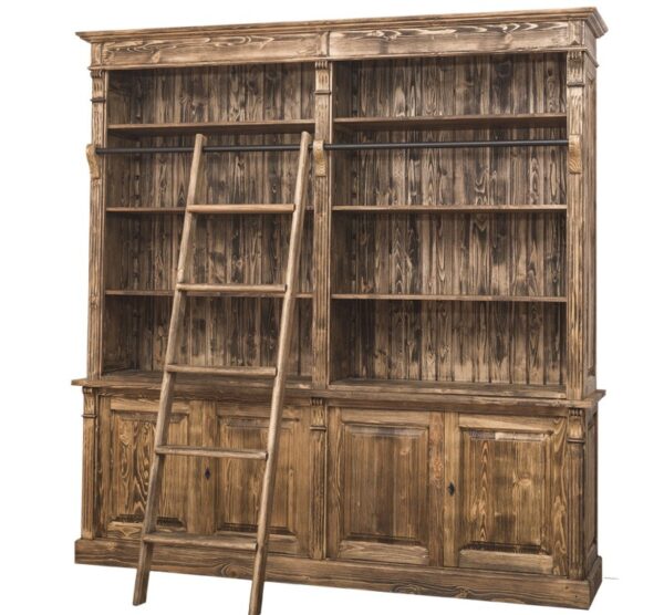 landelijk klassieke boekenkast met een ladder, deuren. de planken in de kast zijn verstelbaar. Gemaakt van massief hout eiken in de kleur bruin rustiek hout. Het kan op maat gemaakt worden. Villa Laura