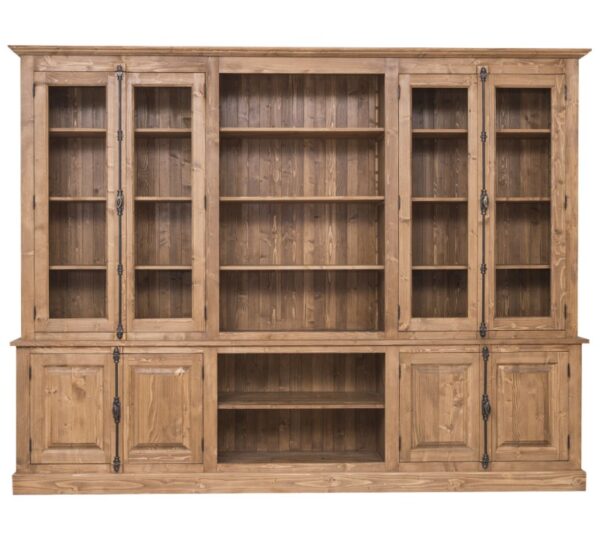frans landelijke buffetkast met deuren, open vakken en een trap voor opbergruimte. De kast heeft aan beide kanten onder 2 kleine deurtjes en boven 2 lange deuren met glas. In het midden zitten open vakken met planken en een trap. Gemaakt van massief eiken hout in de kleur naturel warm bruin hout. Het meubel kan op verschillende manieren geverfd worden in verschillende kleuren en kan op maat gemaakt worden. Villa Laura