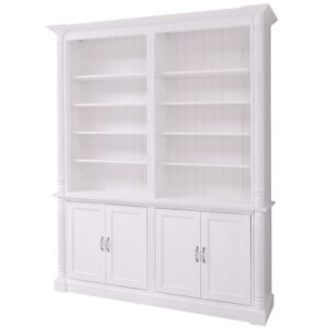 klassieke buffetkast met pilaren en ornamenten. het heeft vier deuren en tien verstelbare open vakken. Gemaakt van massief eiken hout in de kleur wit. Het meubel kan op verschillende manieren geverfd worden in verschillende kleuren en kan op maat gemaakt worden. Villa Laura
