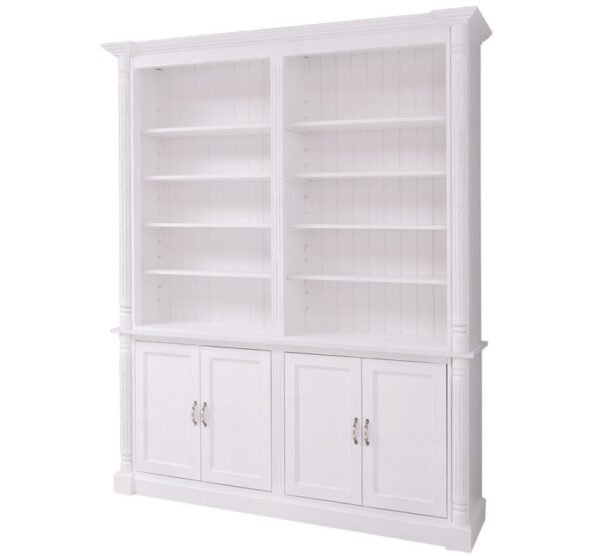 klassieke buffetkast met pilaren en ornamenten. het heeft vier deuren en tien verstelbare open vakken. Gemaakt van massief eiken hout in de kleur wit. Het meubel kan op verschillende manieren geverfd worden in verschillende kleuren en kan op maat gemaakt worden. Villa Laura