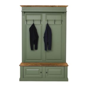 landelijke, klassieke, extravergante halmeubel/kapstok met bankje en opbergruimte. Gemaakt van massief hout in de kleur donker groen met warm eiken blad. Het kan op maat gemaakt worden. Villa Laura