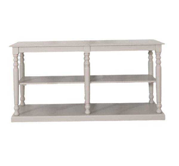landelijk open winkeldisplay/dressoir/sidetable met legplank. Dit is ideaal voor je producten mooi te presenteren. Gemaakt van massief hout eiken en in de kleur gebroken wit, zand, beige. de afmeting is 180 cm. Villa Laura